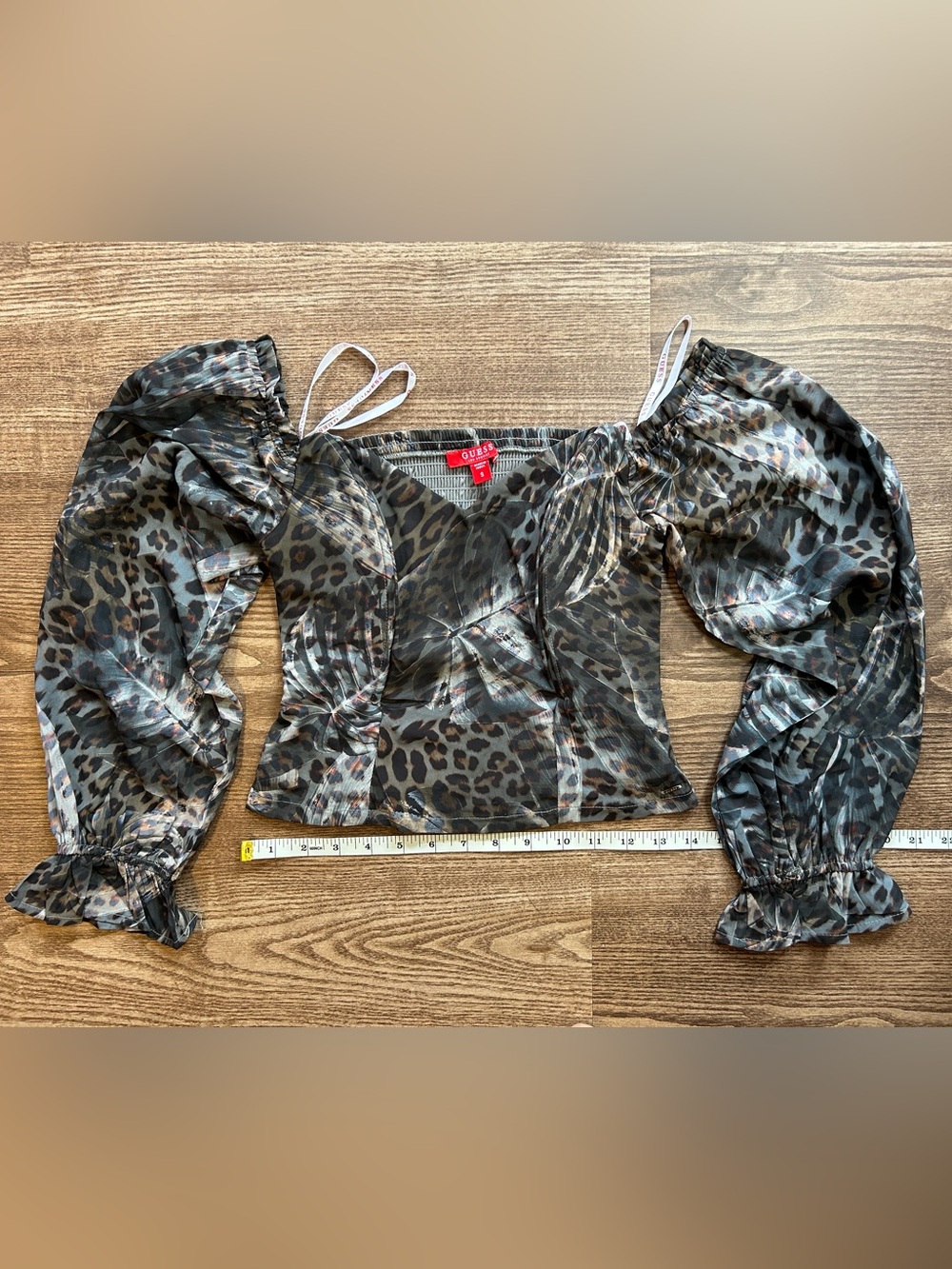 GUESS Black/gray Leopard Sheer Off-Shoulder Puff Sleeve Top